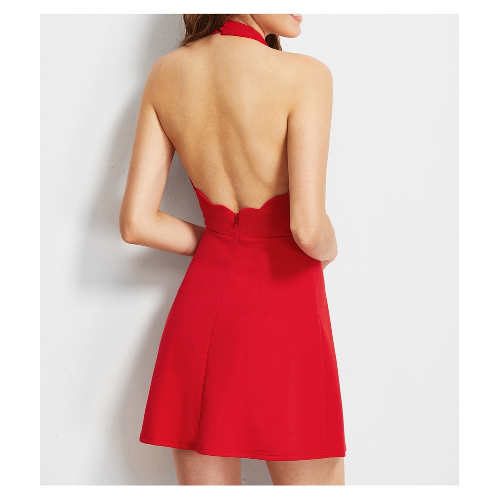 Red Halter Neck Scallop Backless Skater Dress - Picture 4 of 5